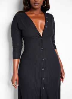 Devoted Ribbed Button Front Maxi A Line Dress - Black