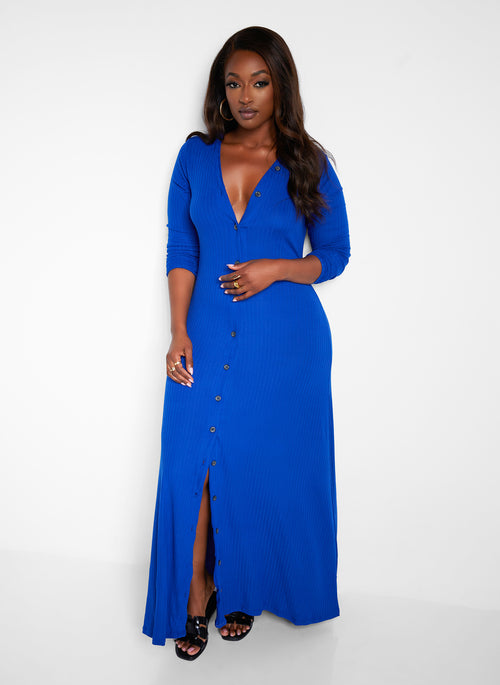 Devoted Ribbed Button Front Maxi A Line Dress - Royal Blue
