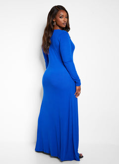 Devoted Ribbed Button Front Maxi A Line Dress - Royal Blue