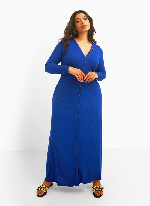 Devoted Ribbed Button Front Maxi A Line Dress - Royal Blue