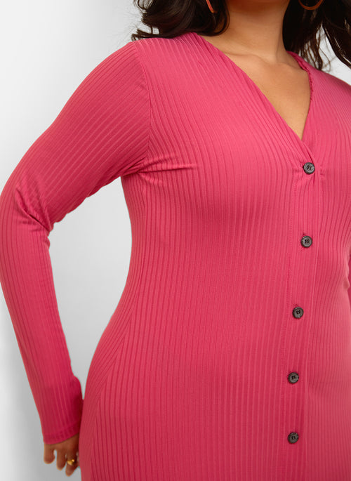 Devoted Ribbed Button Front Maxi A Line Dress