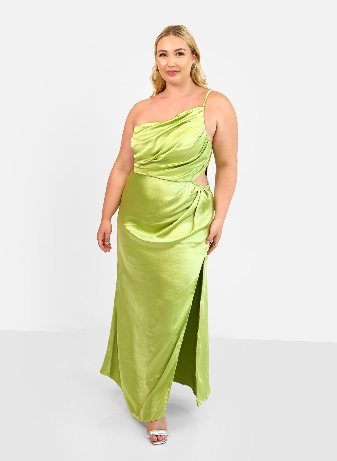 Rebdolls Plus Size Emma Satin One Shoulder Maxi Bodycon Dress Green