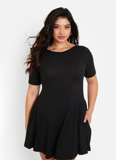 Essential Boat Neck Mini Skater Dress - Black