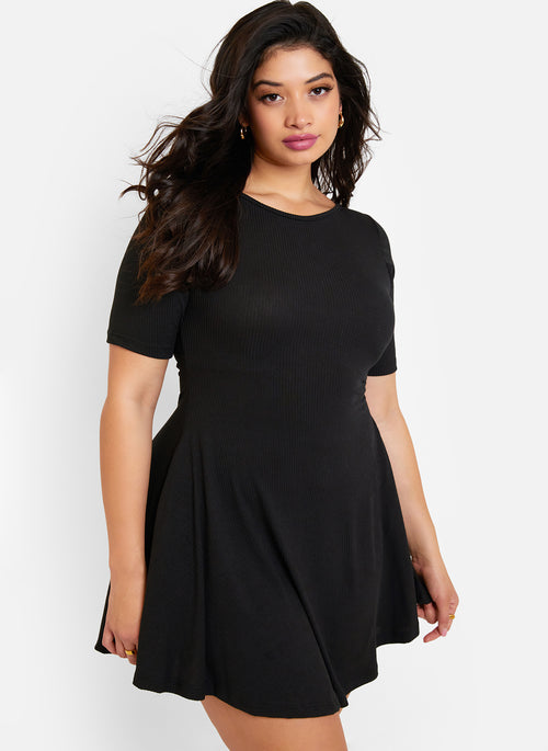 Essential Boat Neck Mini Skater Dress - Black