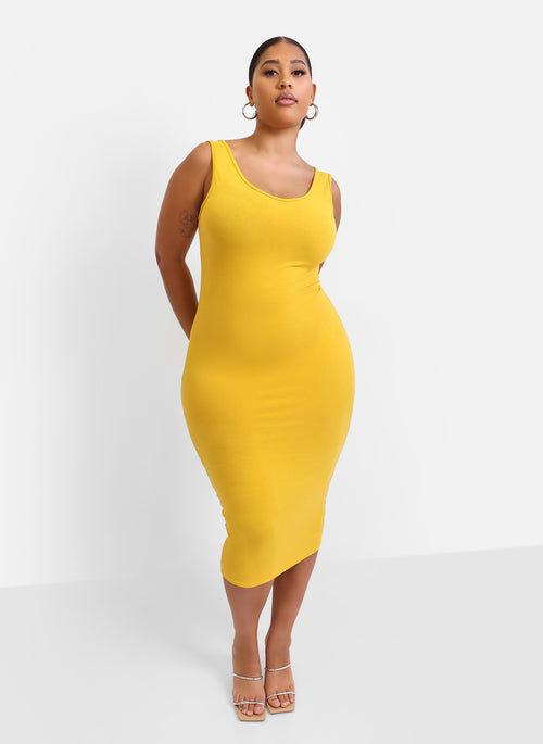 Essential Cotton Tank Bodycon Midi Dress - Mustard