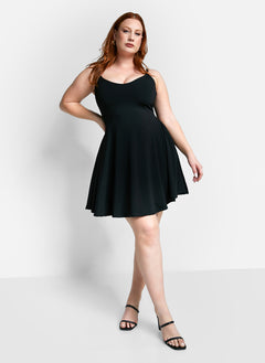 Essential V Neck Cotton Strappy Mini Skater Dress - Black