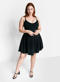 Essential V Neck Cotton Strappy Mini Skater Dress - Black