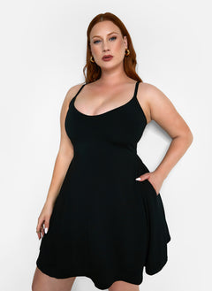 Essential V Neck Cotton Strappy Mini Skater Dress - Black