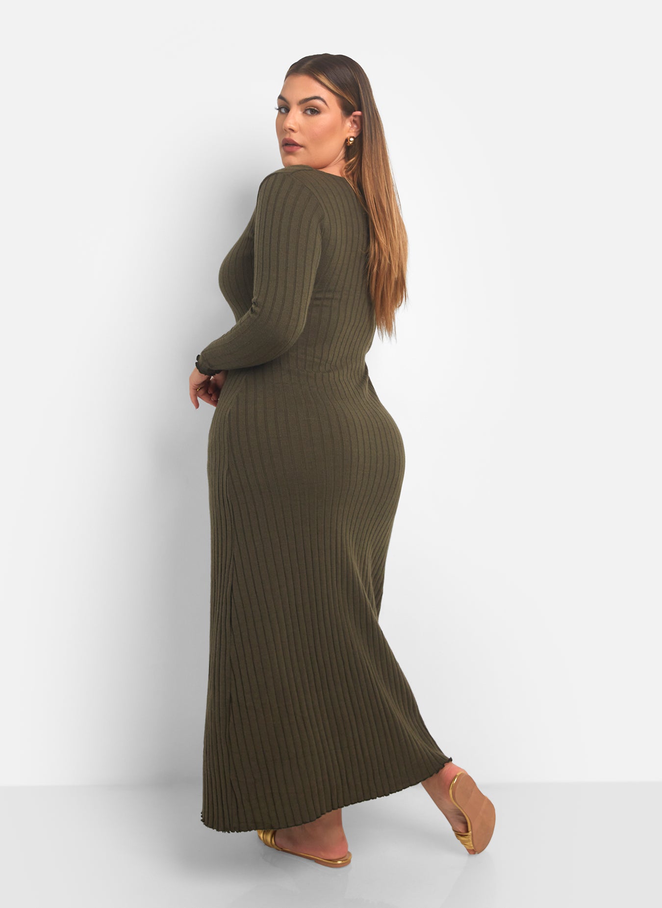 Evelyn Ribbed Square Neck Maxi A Line Dress - Olive Green