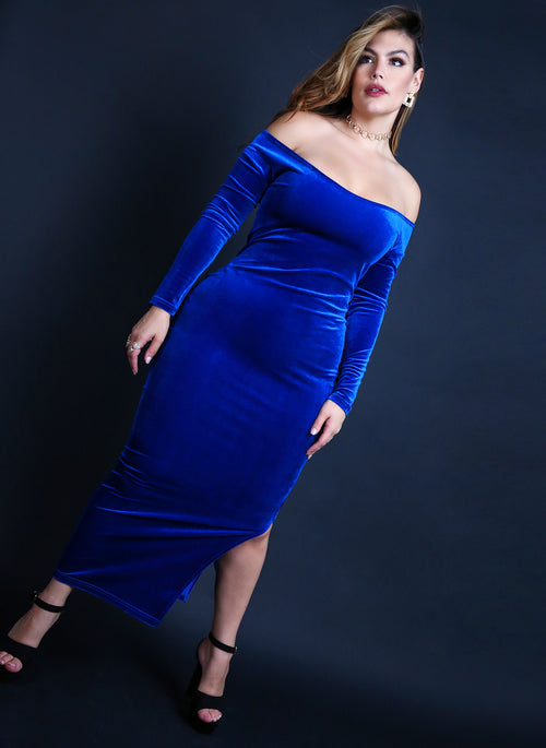 Steal Your Date Velvet Over The Shoulder Bodycon Maxi Dress