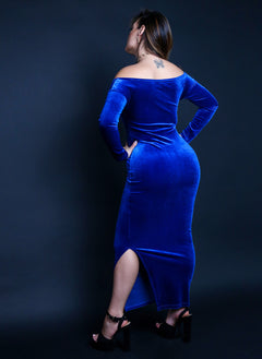 Steal Your Date Velvet Over The Shoulder Bodycon Maxi Dress
