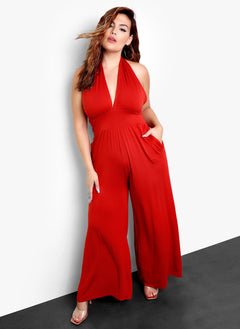 Final Rose Halter Neck Jumpsuit with Pocket - Brick