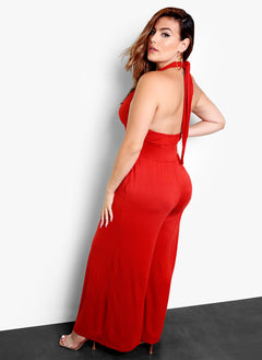 Final Rose Halter Neck Jumpsuit with Pocket - Brick