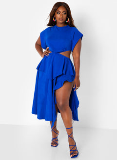 Selfie Ready Cut Out High Slit Midi Skater Dress - Royal Blue