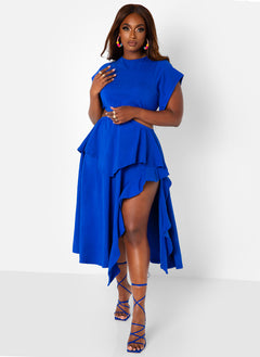 Selfie Ready Cut Out High Slit Midi Skater Dress - Royal Blue