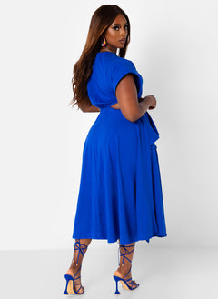 Selfie Ready Cut Out High Slit Midi Skater Dress - Royal Blue