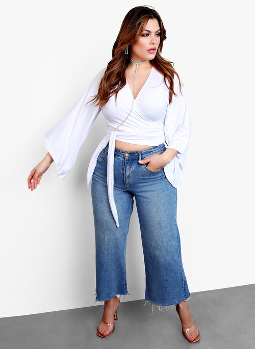 Go On Kimono Sleeve Wrap Around Tie Front Crop Top - White