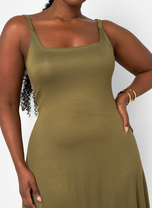 Well Deserved Midi A-Line Dress - Olive Green
