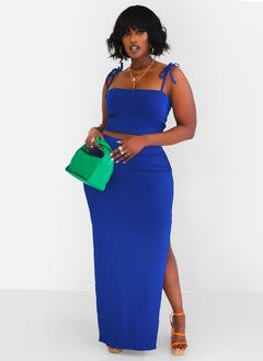 Hottie Tie Strap Crop Top & Thigh Slit Maxi Bodycon Skirt - Royal Blue