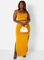 Hottie Tie Strap Crop Top & Thigh Slit Maxi Bodycon Skirt - Mustard