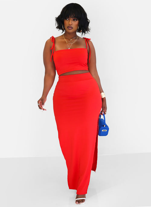Hottie Tie Strap Crop Top & Thigh Slit Maxi Bodycon Skirt - Red