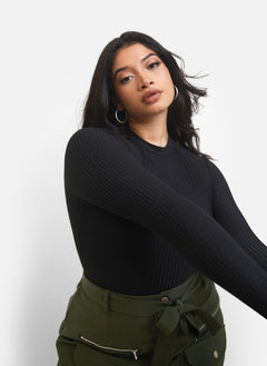I Got It Ribbed Turtleneck Long Sleeve Bodysuit - Black