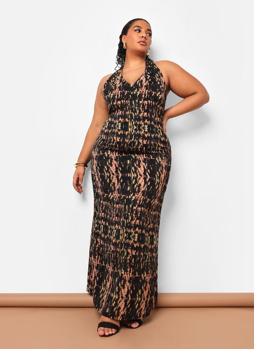 Indie Abstract Print Halter Maxi Bodycon Dress