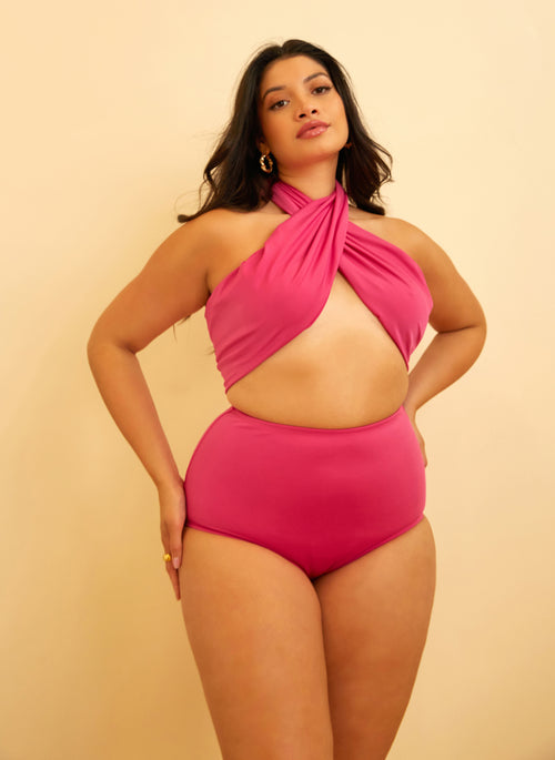 Island Babe Wrap Halter Swim Top - Fuchsia