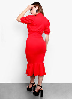 It's Possible Puff Sleeves Ruffled Hem Midi Dress- Red