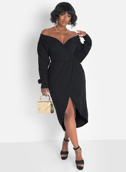 Onyx Over The Shoulder Draped Midi Dress