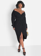 Onyx Over The Shoulder Draped Midi Dress