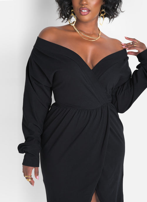 Onyx Over The Shoulder Draped Midi Dress