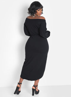 Onyx Over The Shoulder Draped Midi Dress