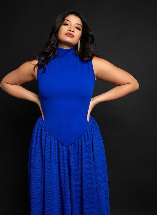 Pisces Crepe High Neck Midi Skater Dress