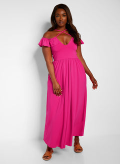 Pure Intentions Ruffle Sleeve Maxi A Line Dress W. Pockets - Fuchsia