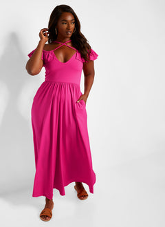 Pure Intentions Ruffle Sleeve Maxi A Line Dress W. Pockets - Fuchsia