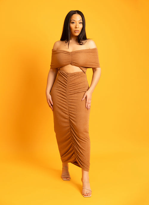 Jacqueline Ruched Over The Shoulder Textured Maxi Dress