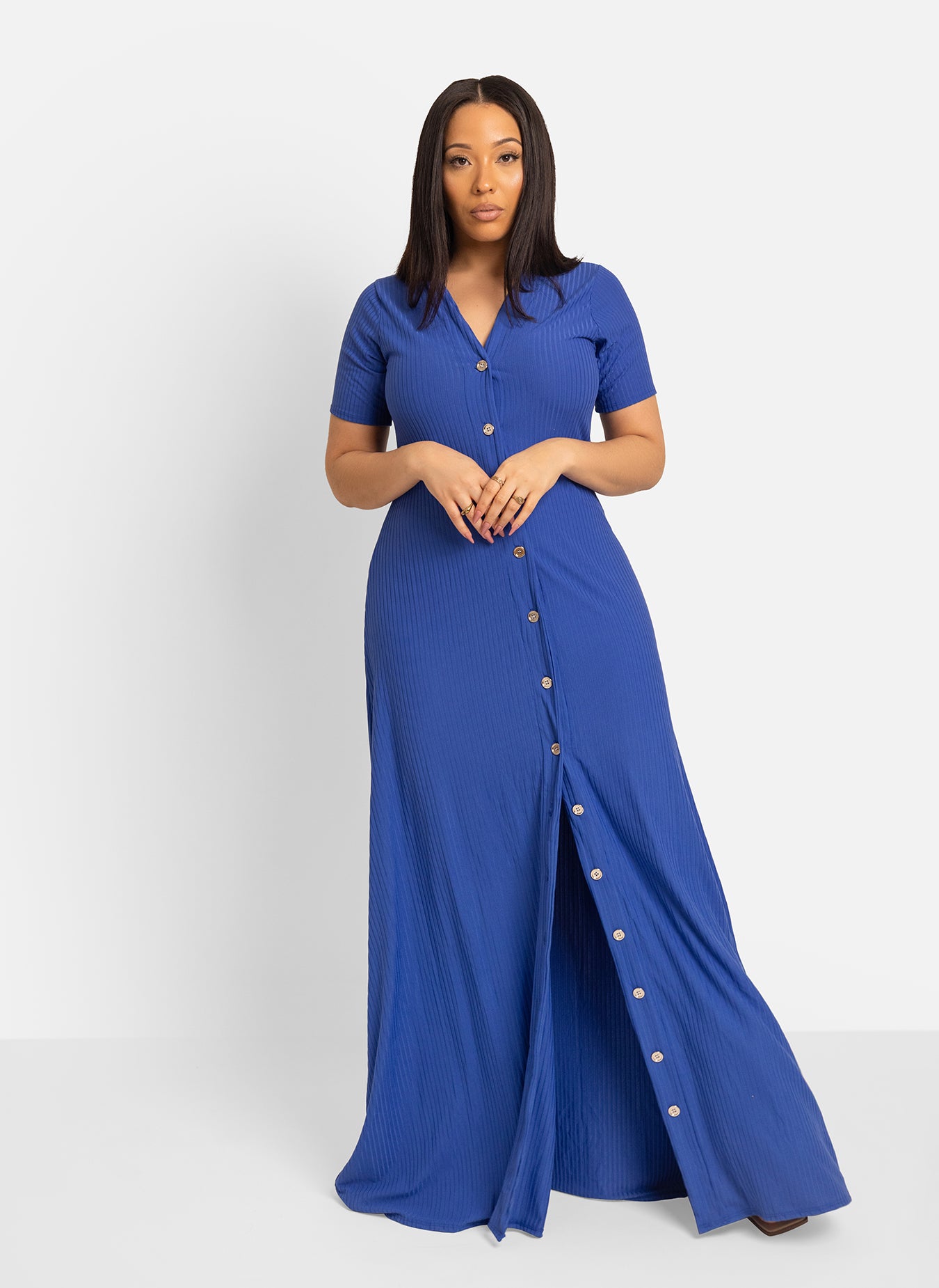 Lori Button Down Ribbed Maxi Dress 5X: 30-32 / Blue at Rebdolls Lori Button Down Ribbed Maxi Dress 5X: 30-32 / Blue at Rebdolls