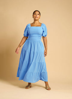 Lana Ruched Skater Tiered Maxi Dress - Blue