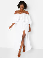 Rock The Boat Ruffle Over The Shoulder Side Slit Skater Maxi Dress