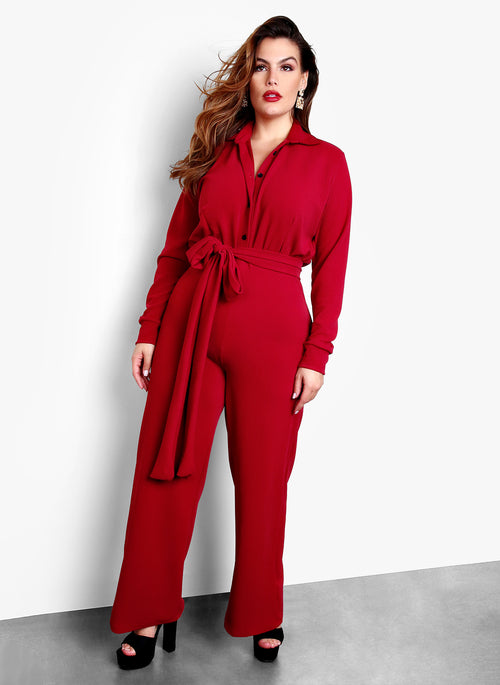 Running The World Button Up Wide Leg Jumpsuit