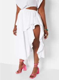 Selfie Ready Cut Out High Slit Midi Skater Dress - White