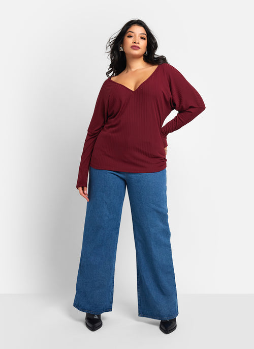Sunday Ribbed Off Shoulder Full Length Top - Wine