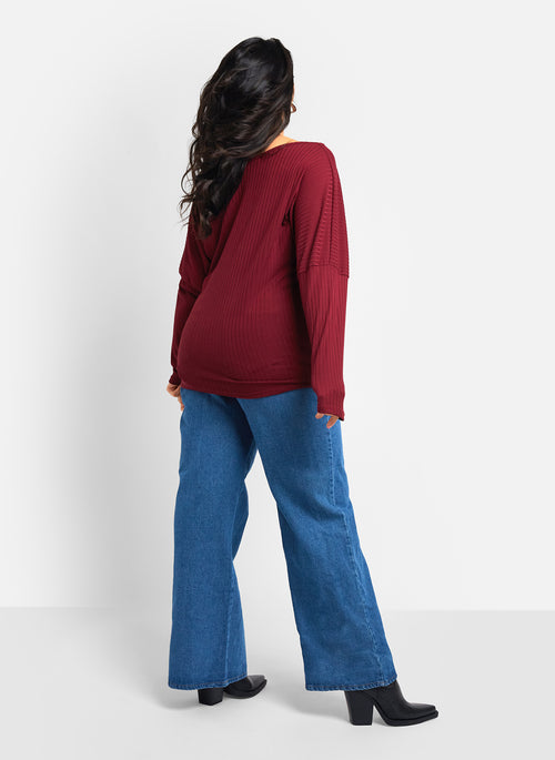 Sunday Ribbed Off Shoulder Full Length Top - Wine