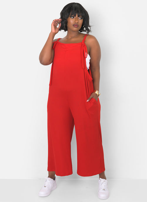 Take Your Time Ribbed Tie Strap Wide Leg Jumpsuit W. Pockets