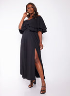 Taryn Ruffled Thigh Slit Maxi Skater Dress - Black