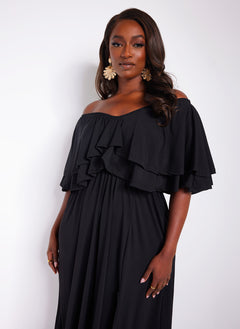 Taryn Ruffled Thigh Slit Maxi Skater Dress - Black