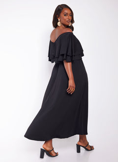 Taryn Ruffled Thigh Slit Maxi Skater Dress - Black