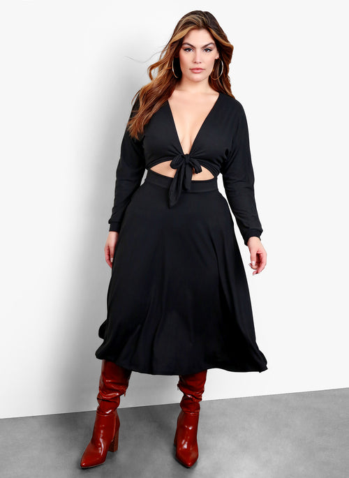 Your Needs Front Tie Skater Midi Dress - Black