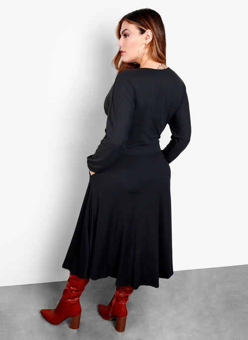 Your Needs Front Tie Skater Midi Dress - Black